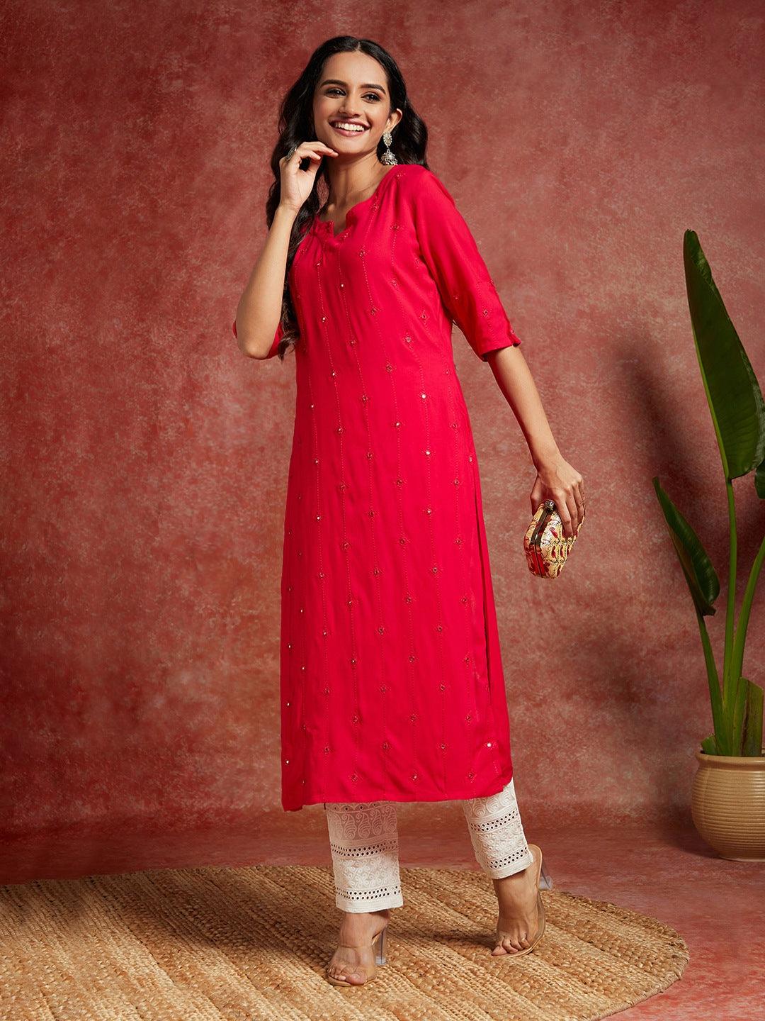 Pink Embroidered Rayon Straight Kurta - Libas