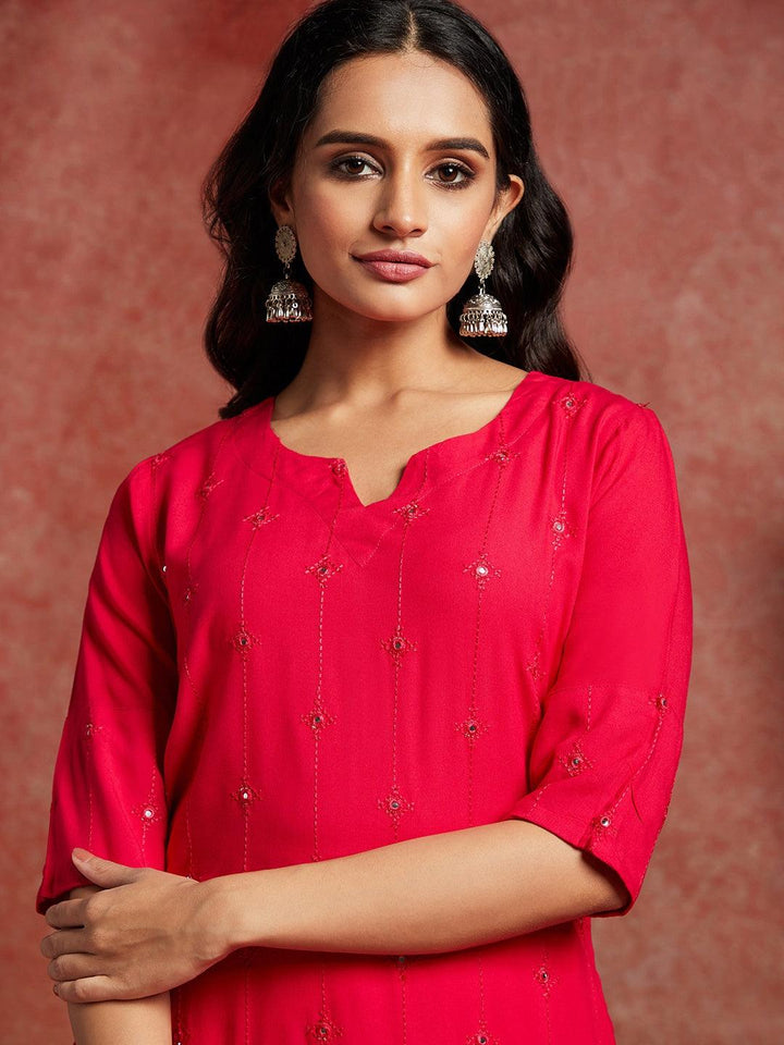 Pink Embroidered Rayon Straight Kurta - Libas