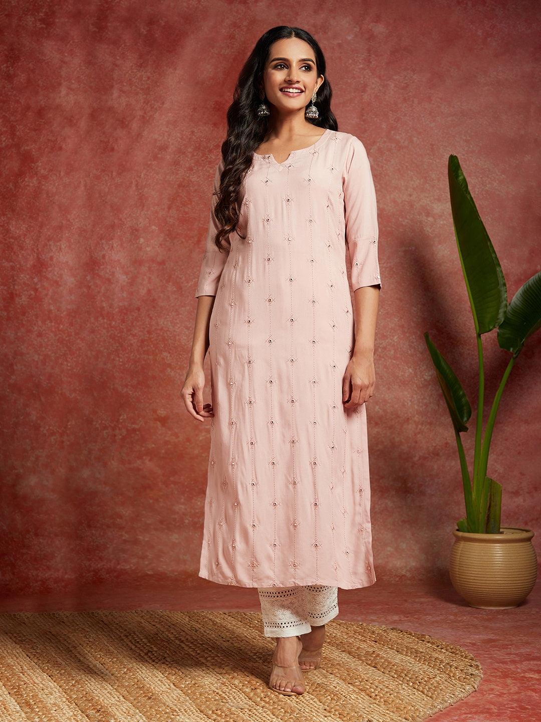 Pink Embroidered Rayon Straight Kurta - Libas