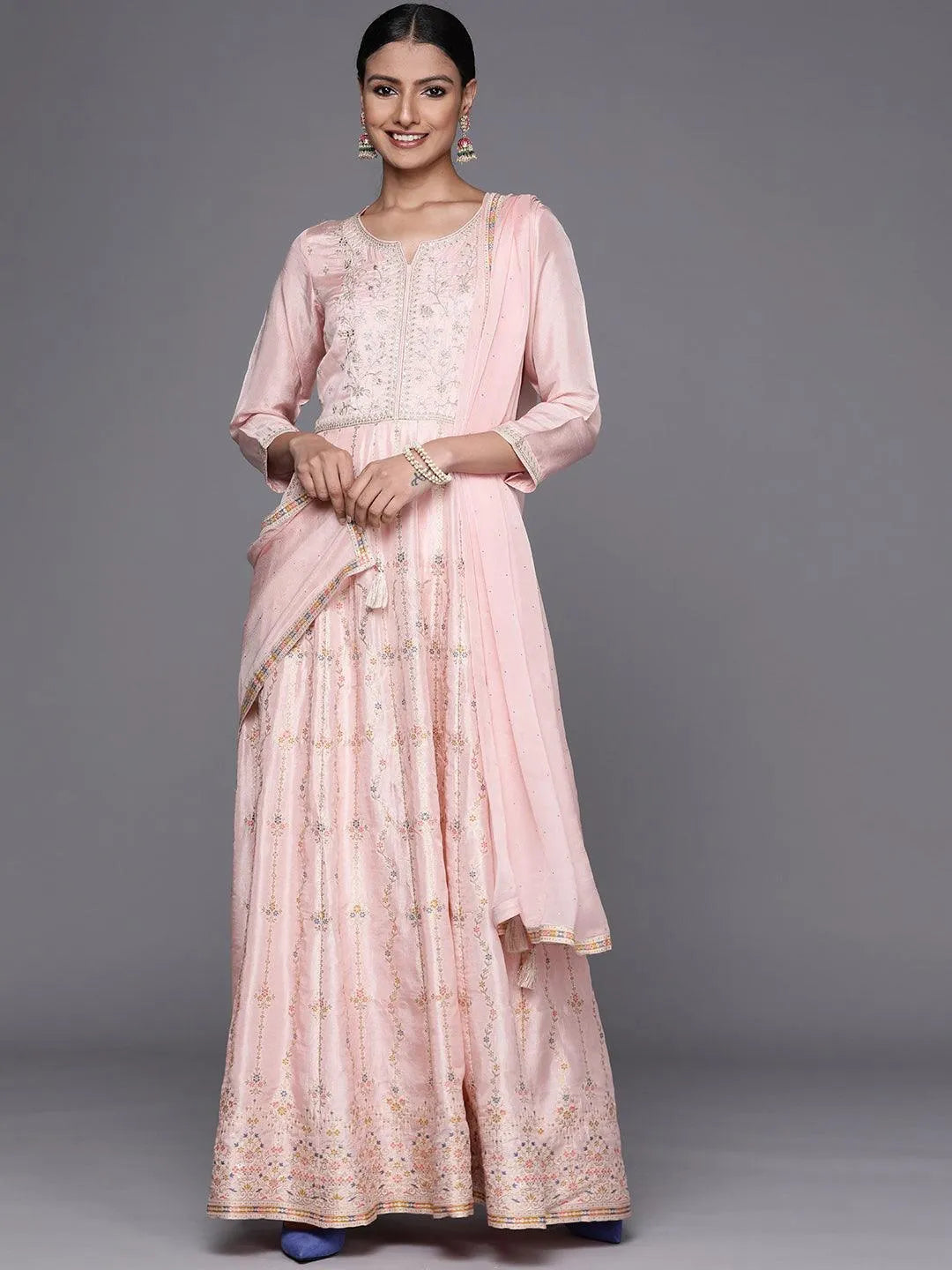 Pink Embroidered Silk Anarkali Suit Set - Libas