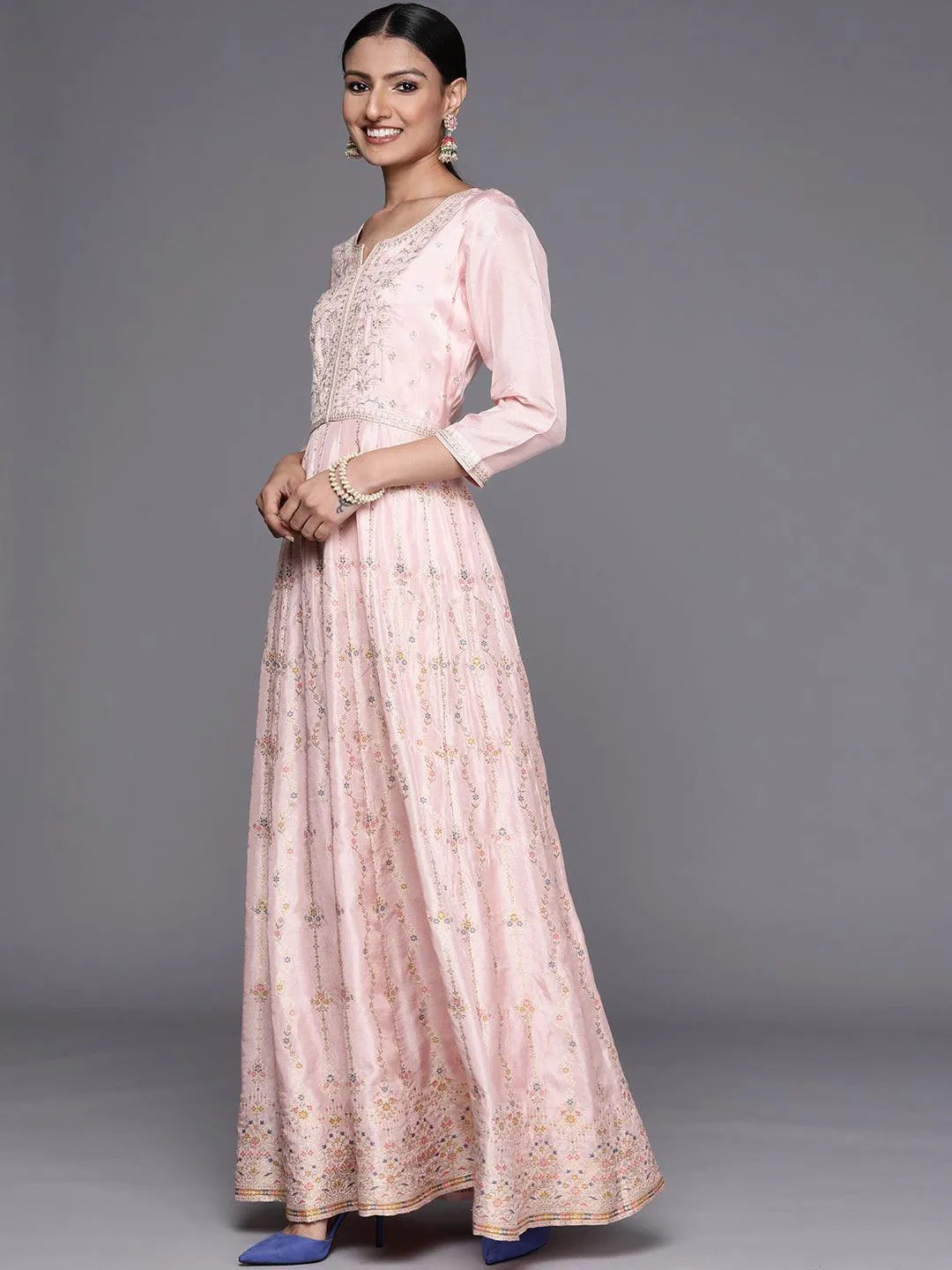 Pink Embroidered Silk Anarkali Suit Set - Libas 