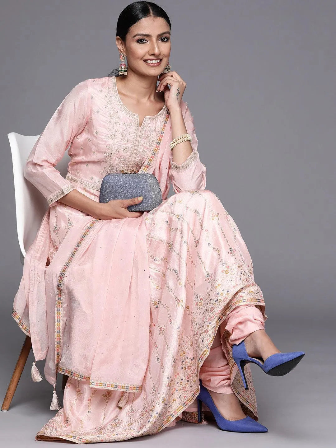 Pink Embroidered Silk Anarkali Suit Set - Libas 