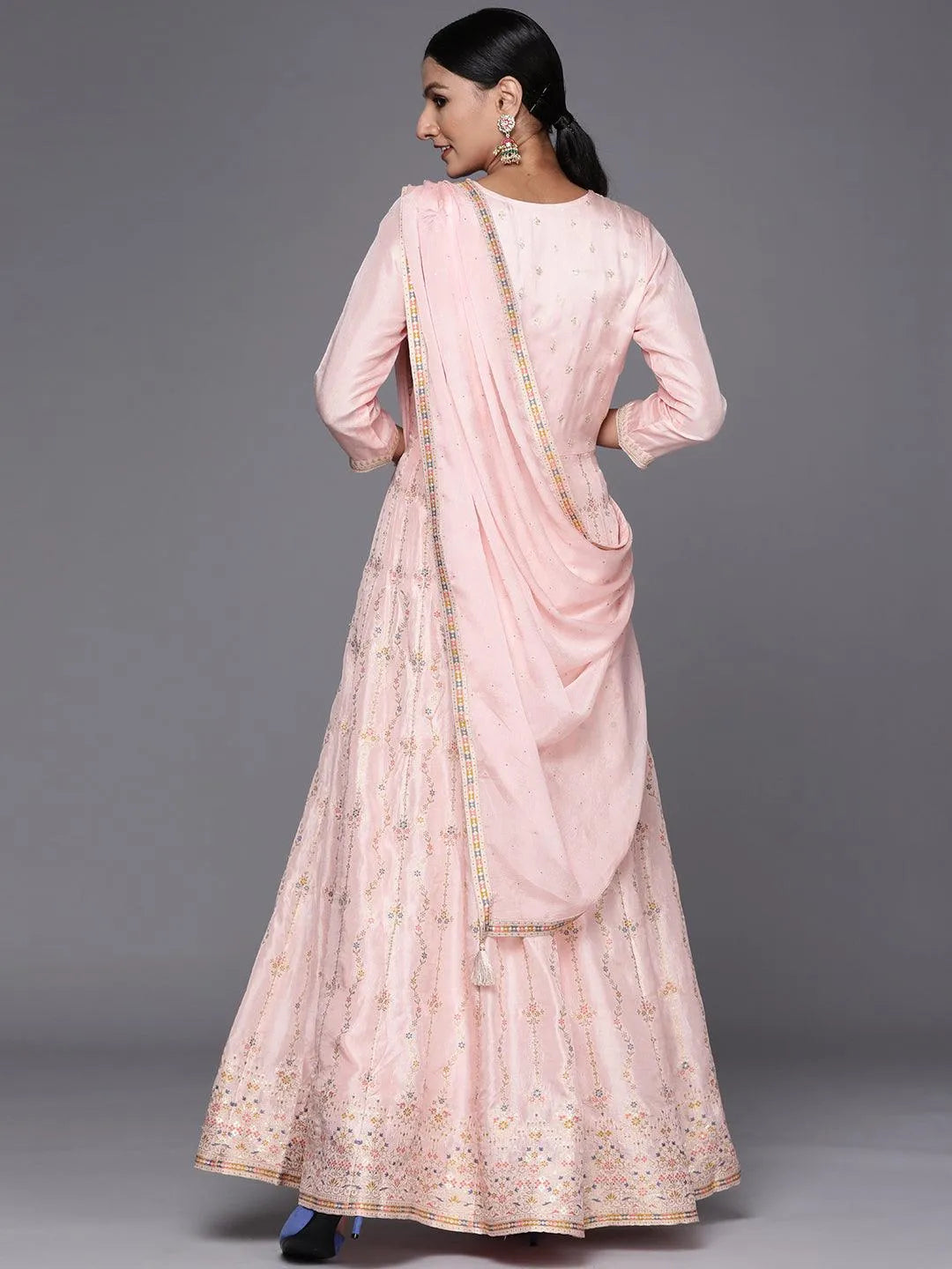 Pink Embroidered Silk Anarkali Suit Set - Libas 