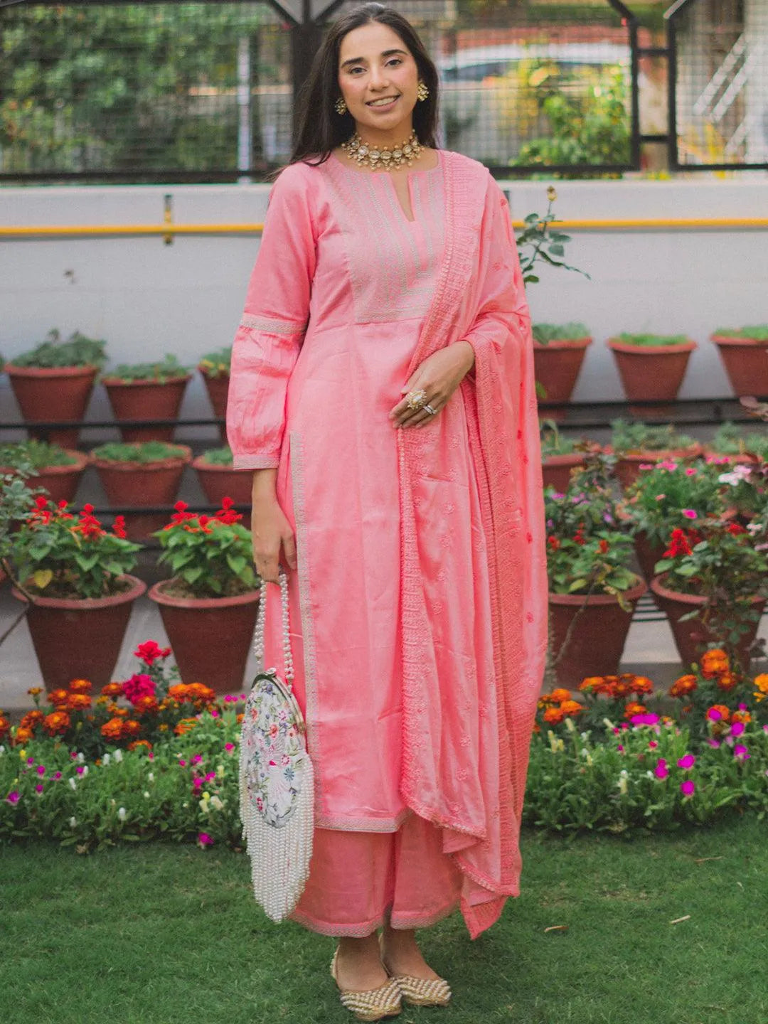 Pink Embroidered Silk Blend Suit Set - Libas