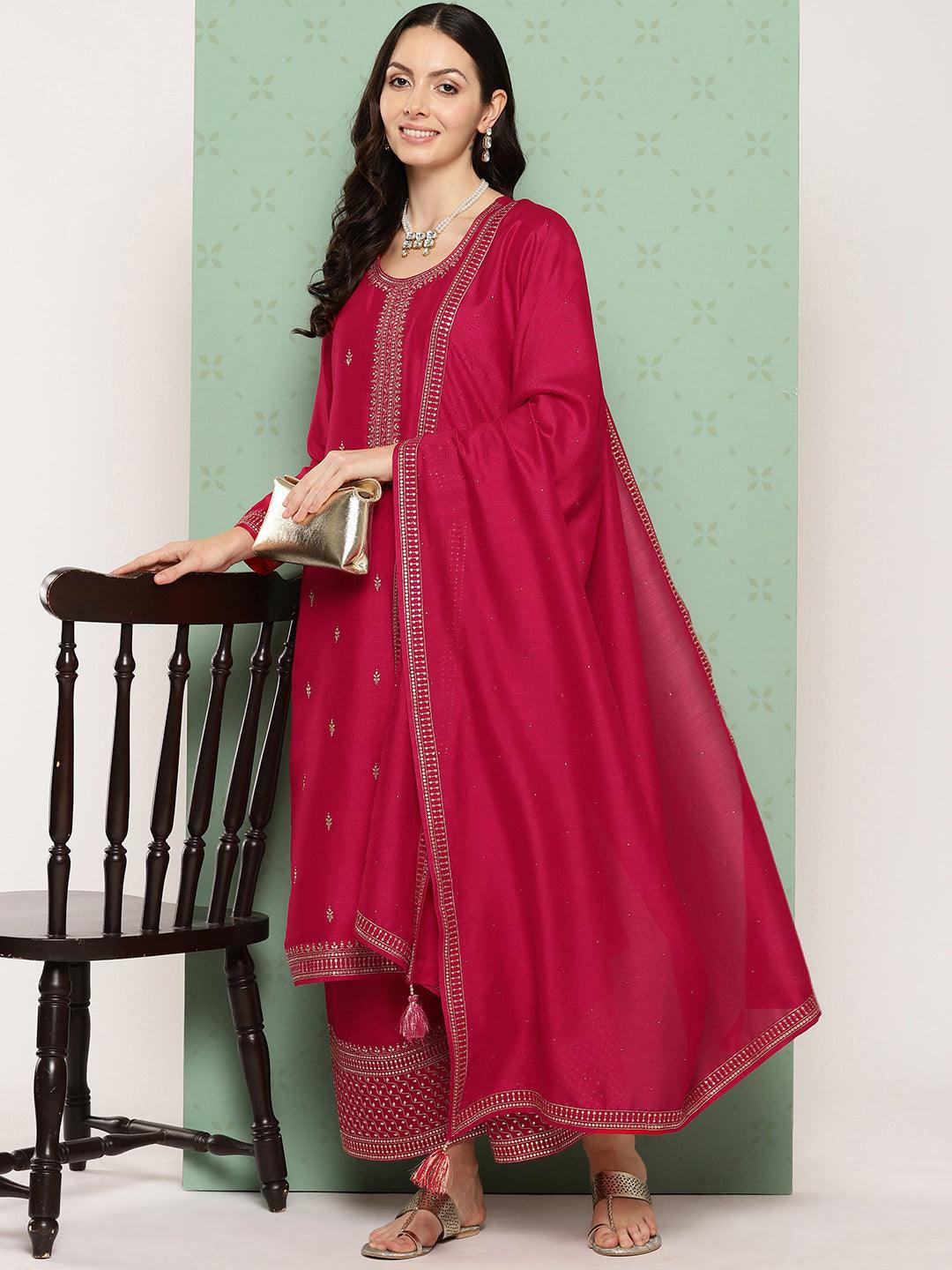 Pink Embroidered Silk Blend Straight Kurta With Palazzos & Dupatta - Libas