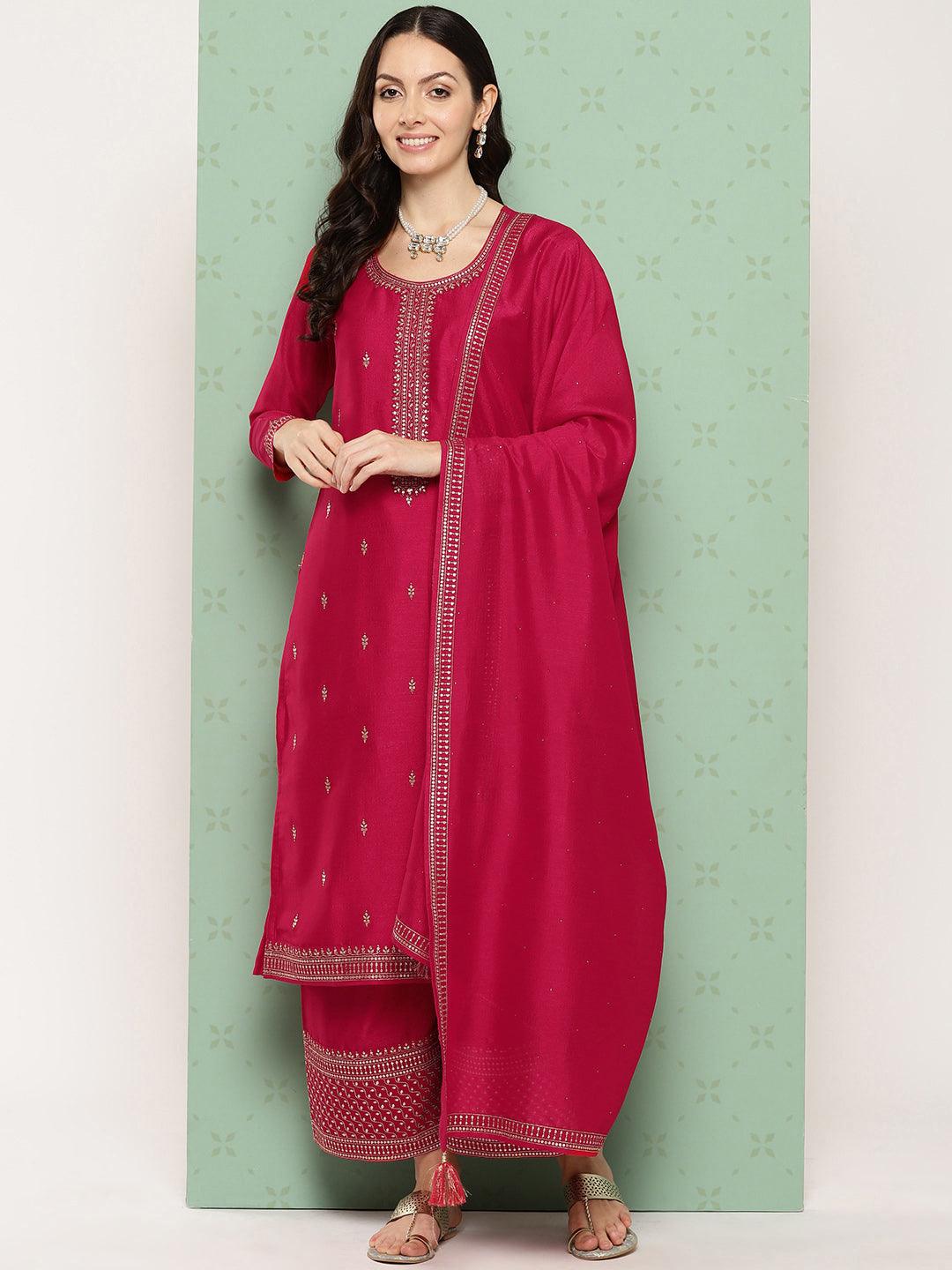 Pink Embroidered Silk Blend Straight Kurta With Palazzos & Dupatta - Libas