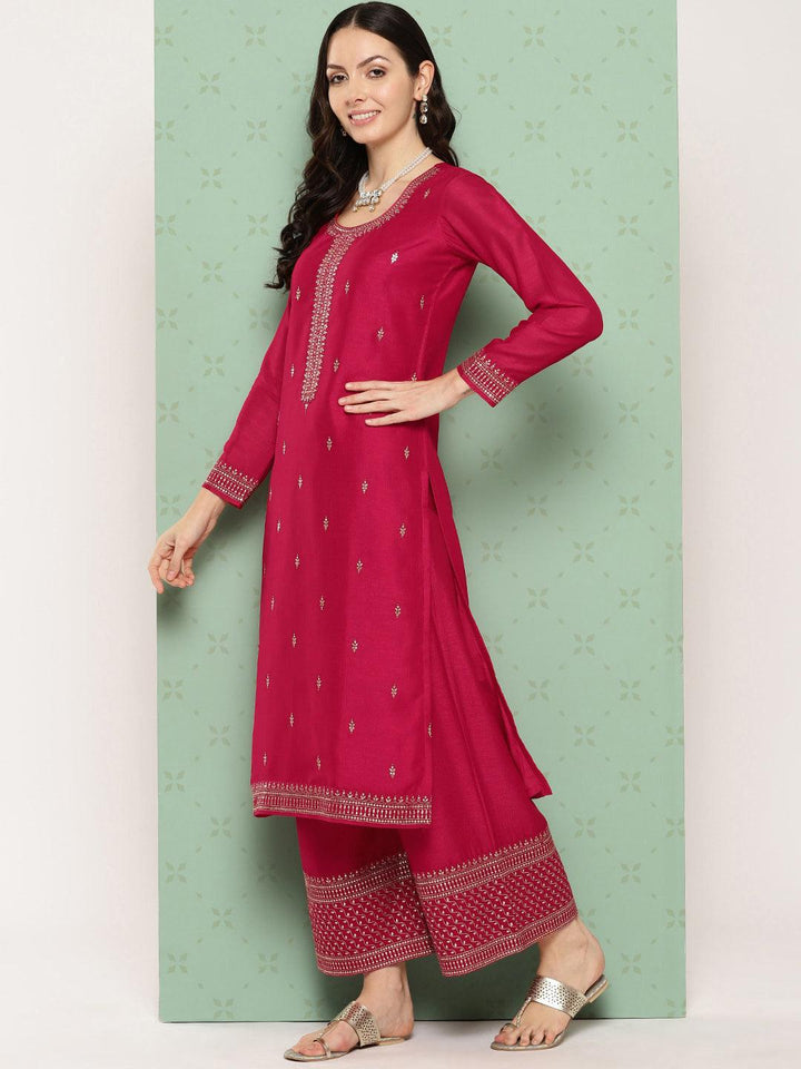 Pink Embroidered Silk Blend Straight Kurta With Palazzos & Dupatta - Libas