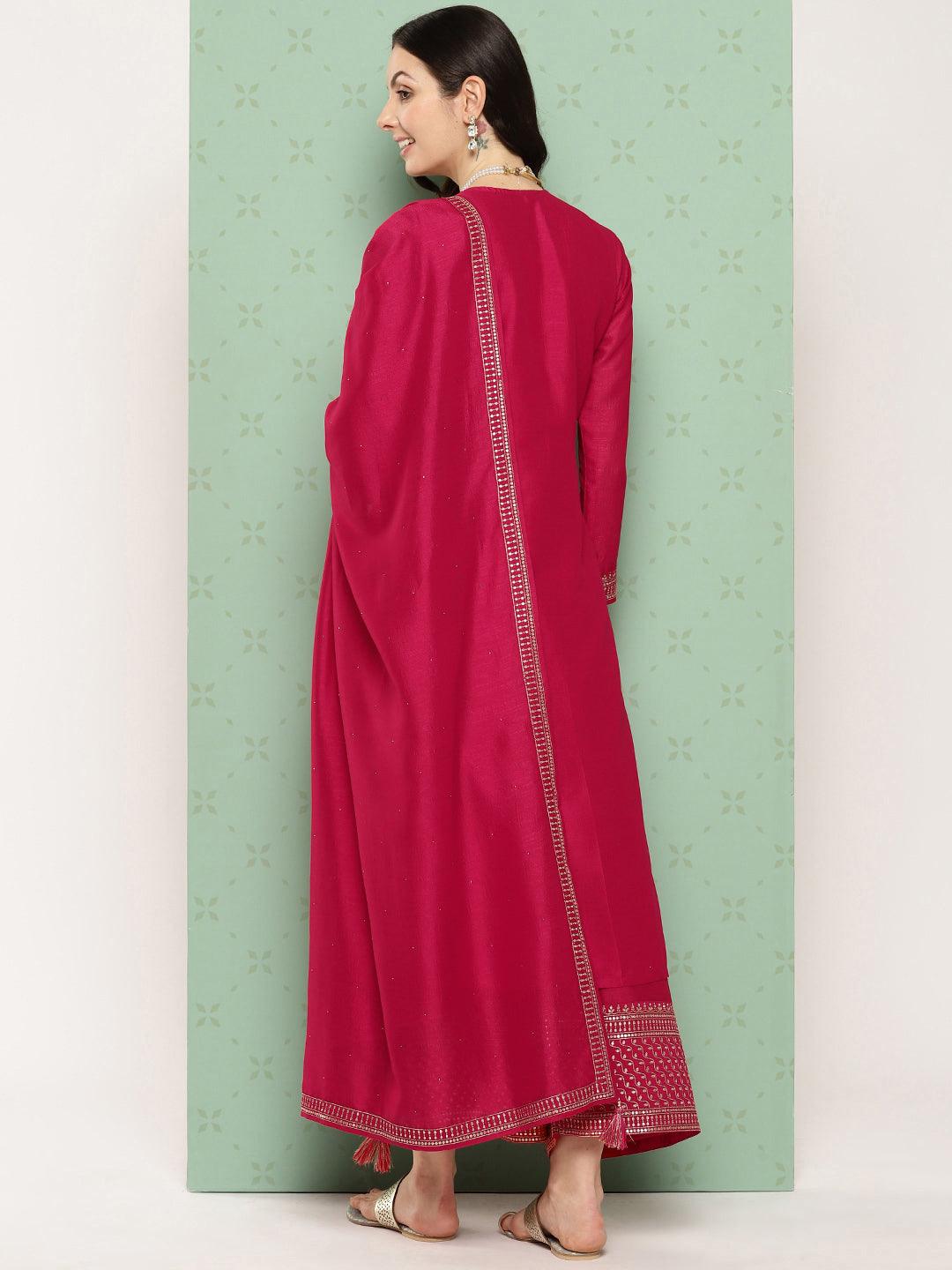 Pink Embroidered Silk Blend Straight Kurta With Palazzos & Dupatta - Libas