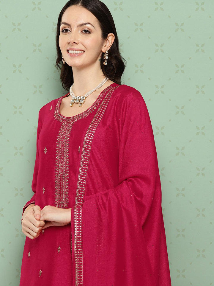 Pink Embroidered Silk Blend Straight Kurta With Palazzos & Dupatta - Libas