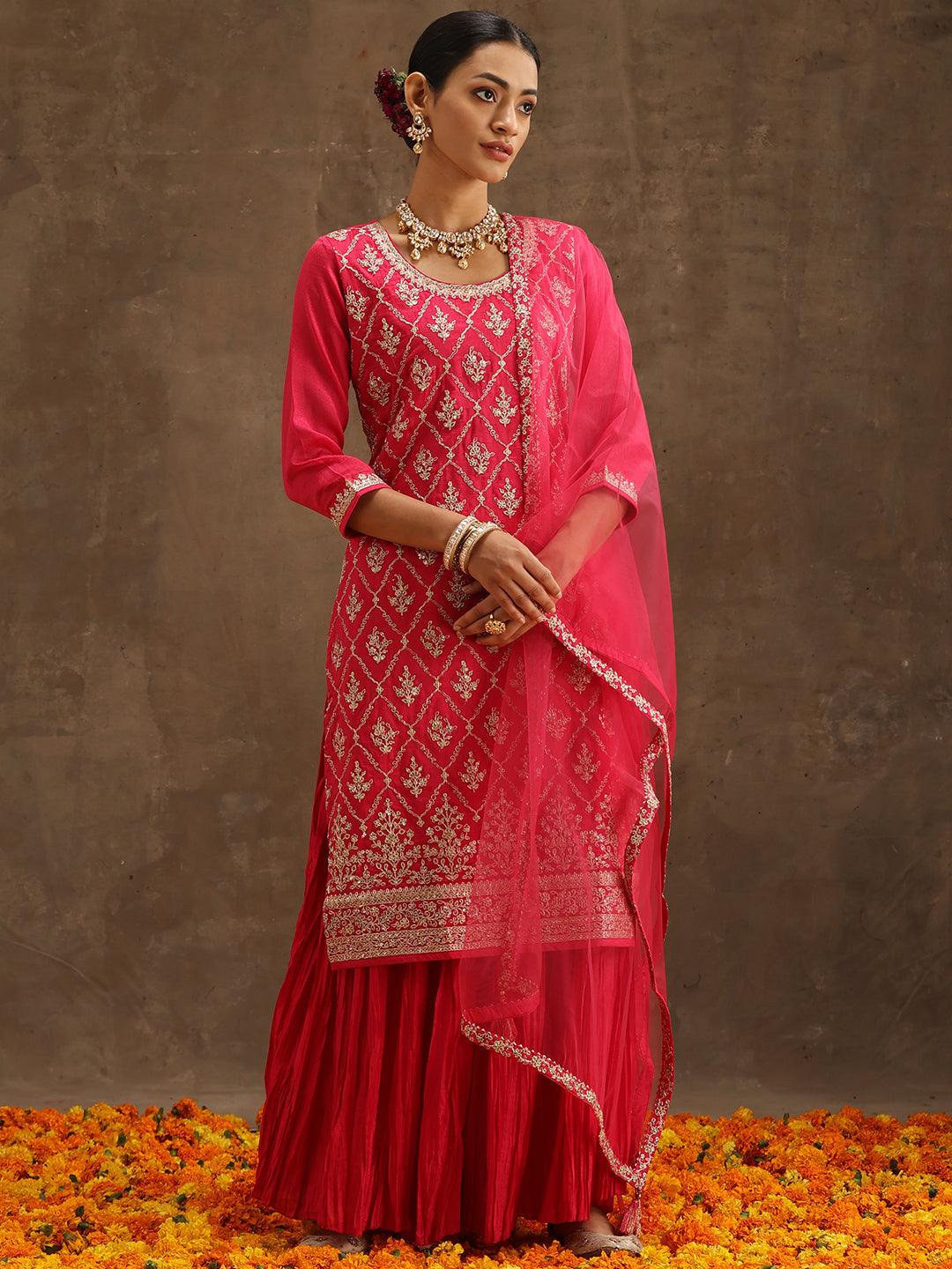 Pink Embroidered Silk Blend Straight Sharara Suit Set With Dupatta
