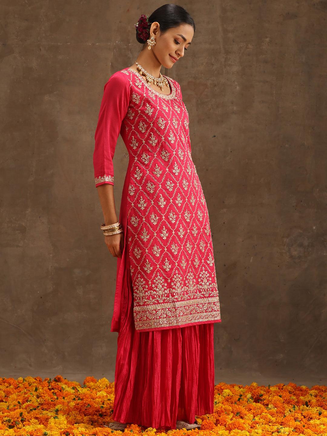 Pink Embroidered Silk Blend Straight Sharara Suit Set With Dupatta