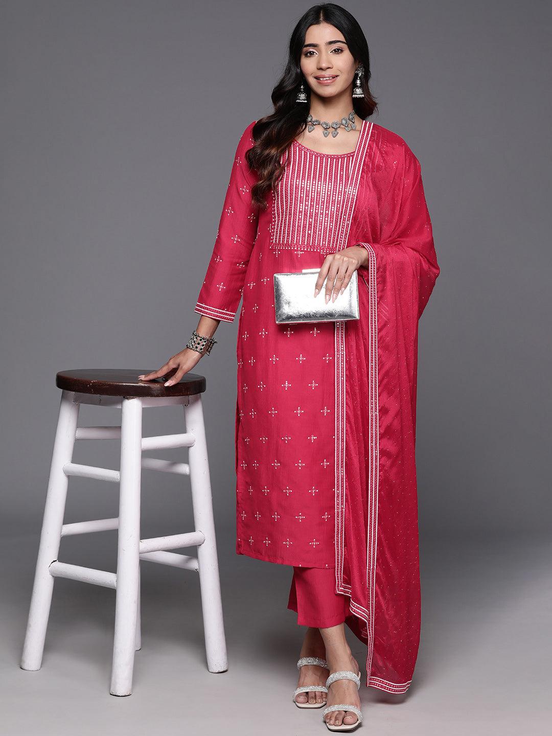 Pink Embroidered Silk Blend Straight Suit With Dupatta - Libas