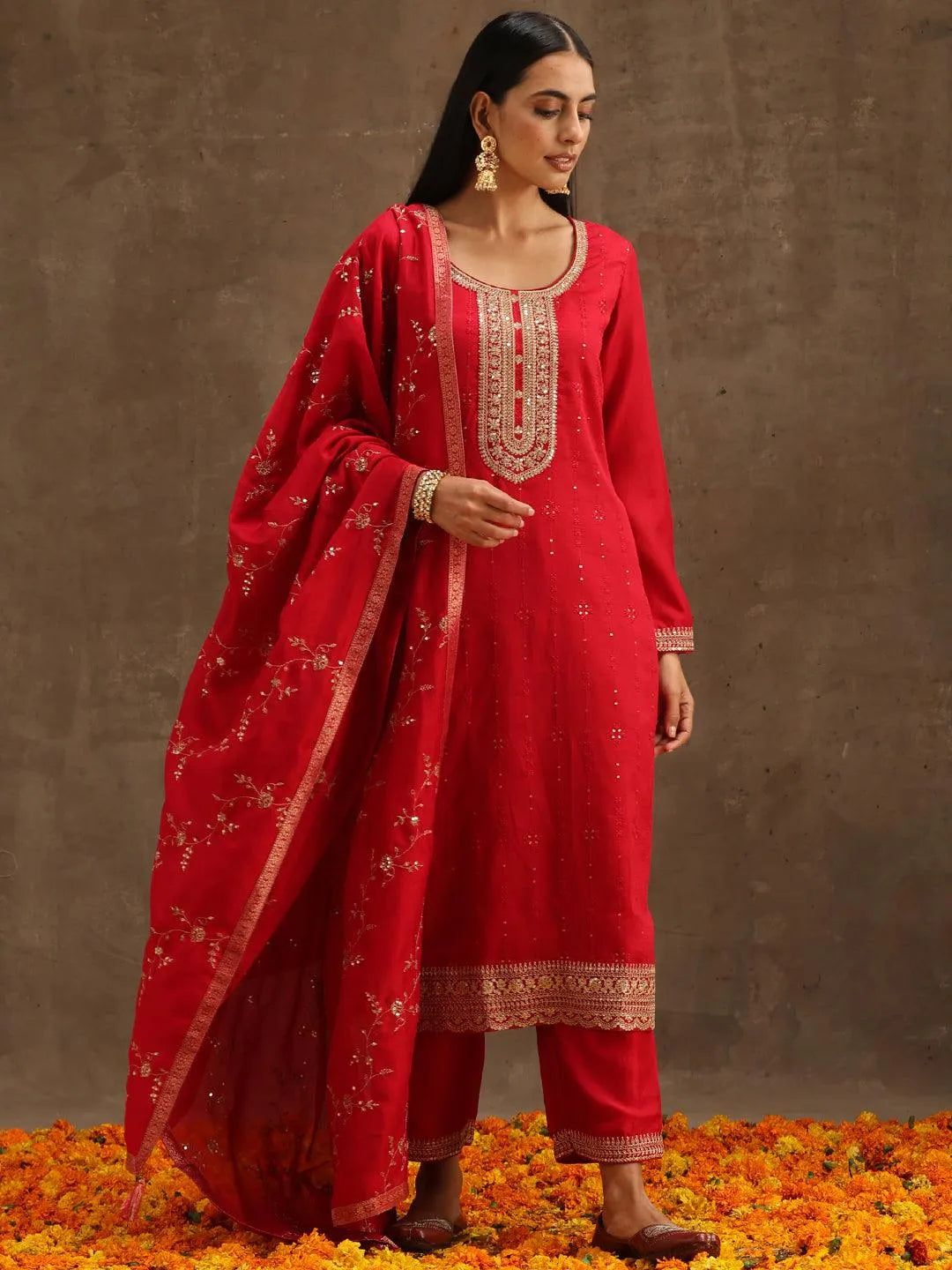 Pink Embroidered Silk Blend Suit Set With Trousers - Libas 