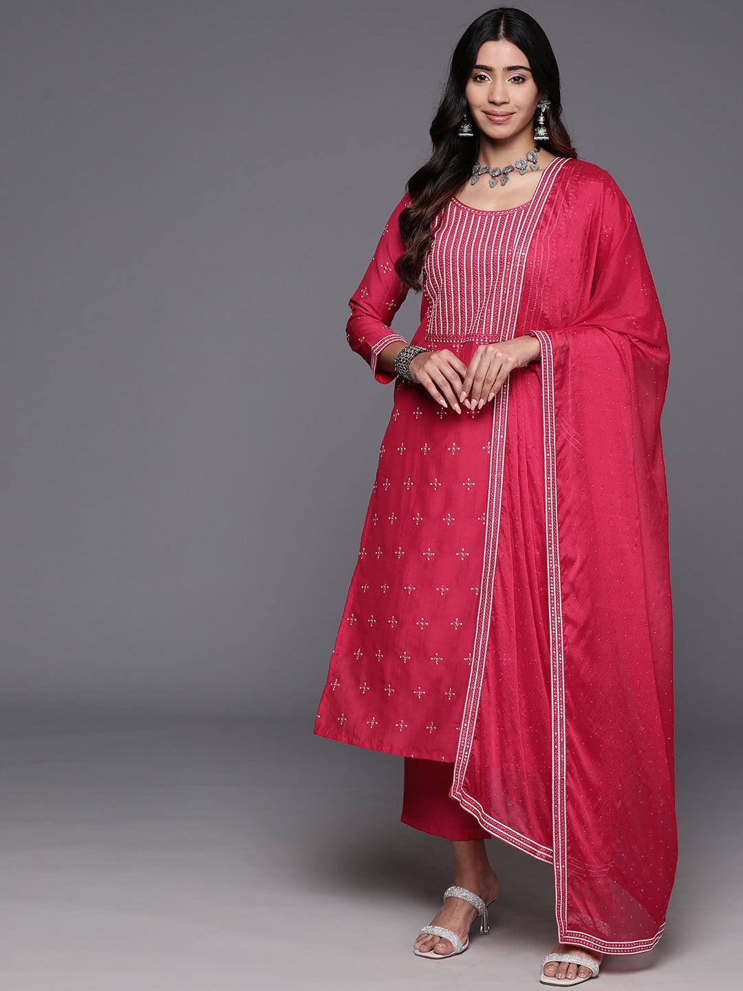 Pink Embroidered Silk Blend Straight Suit With Dupatta - Libas 