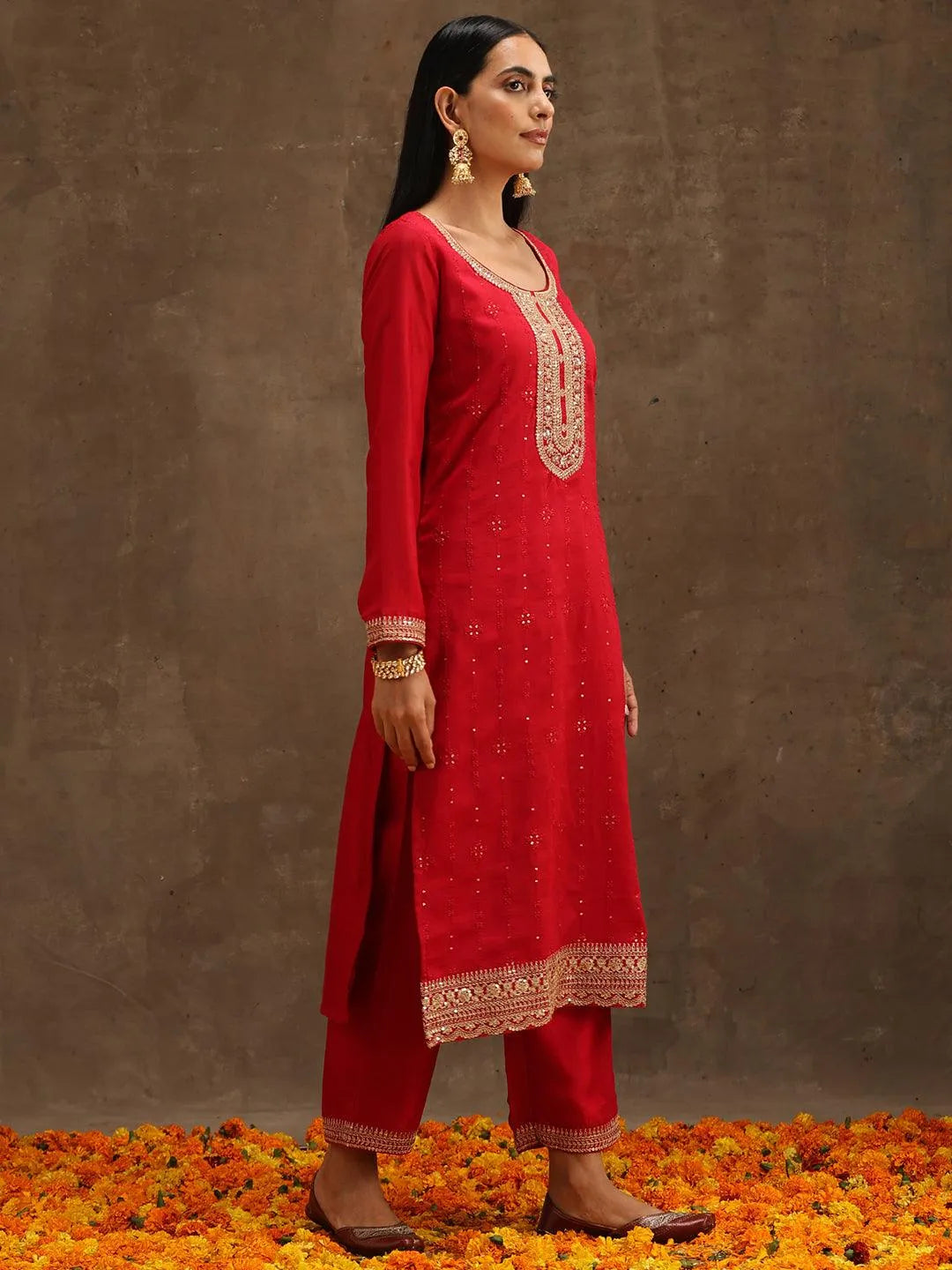 Pink Embroidered Silk Blend Suit Set With Trousers - Libas 