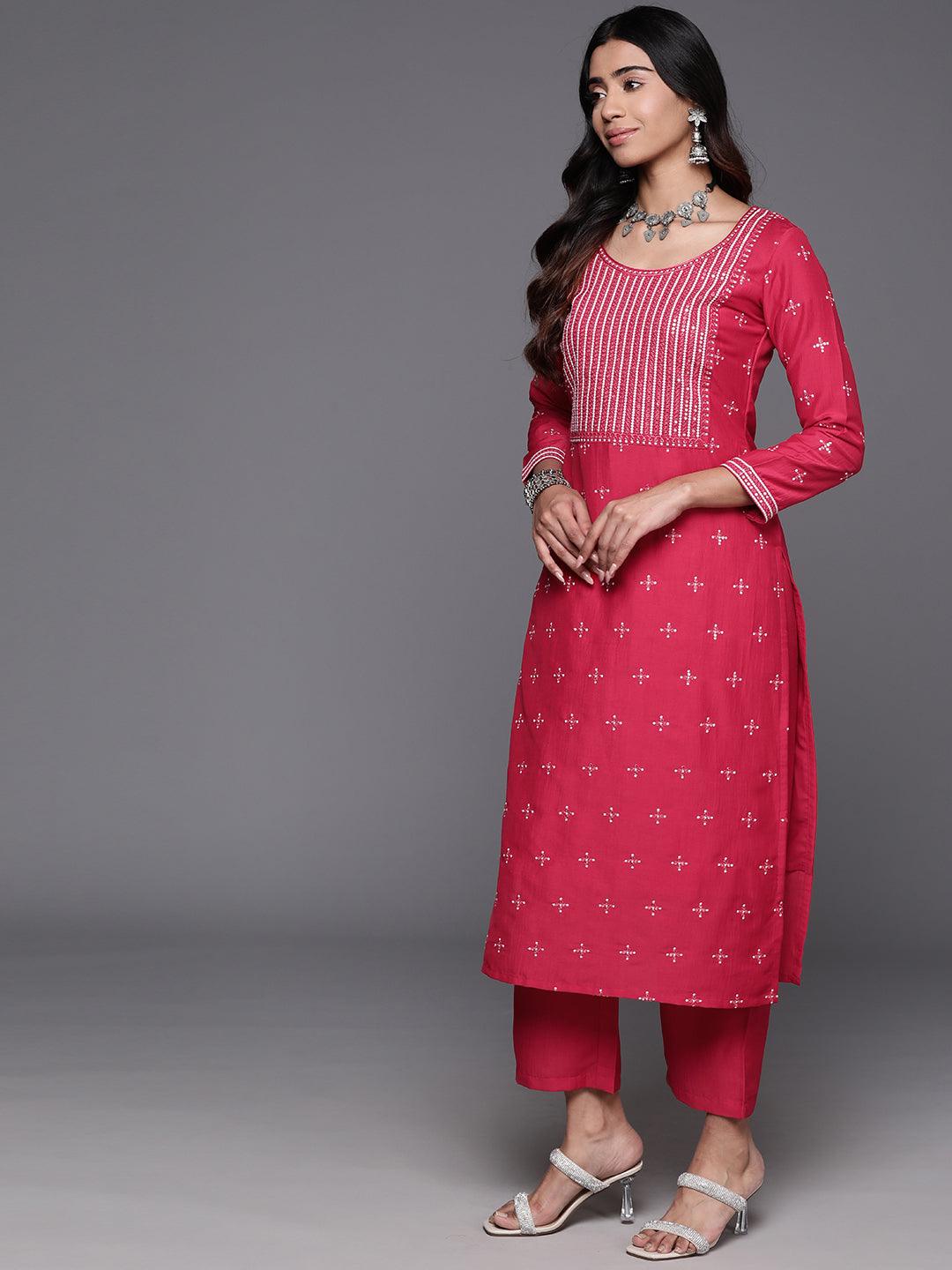 Pink Embroidered Silk Blend Straight Suit With Dupatta - Libas 