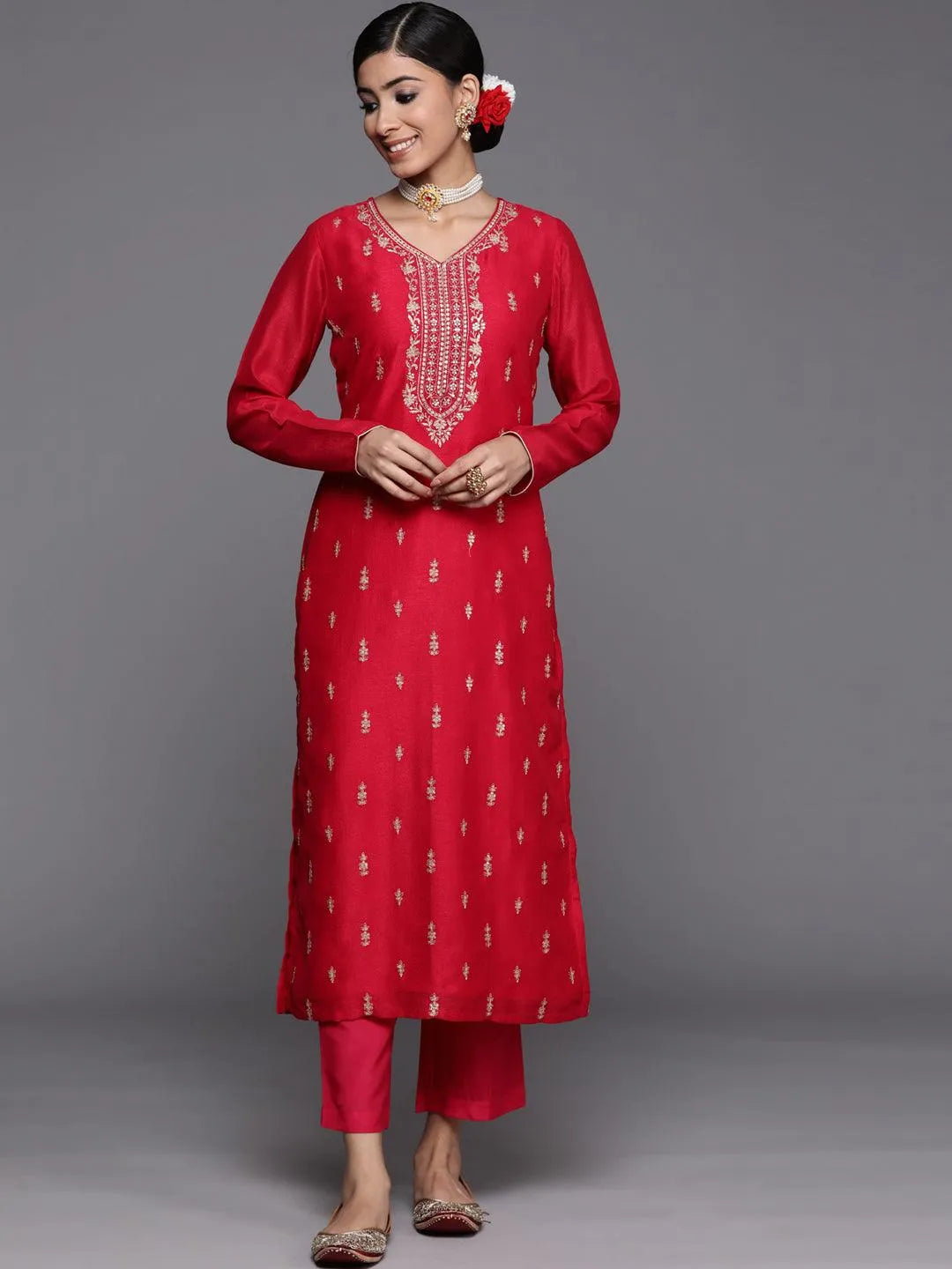 Pink Embroidered Silk Straight Kurta - Libas