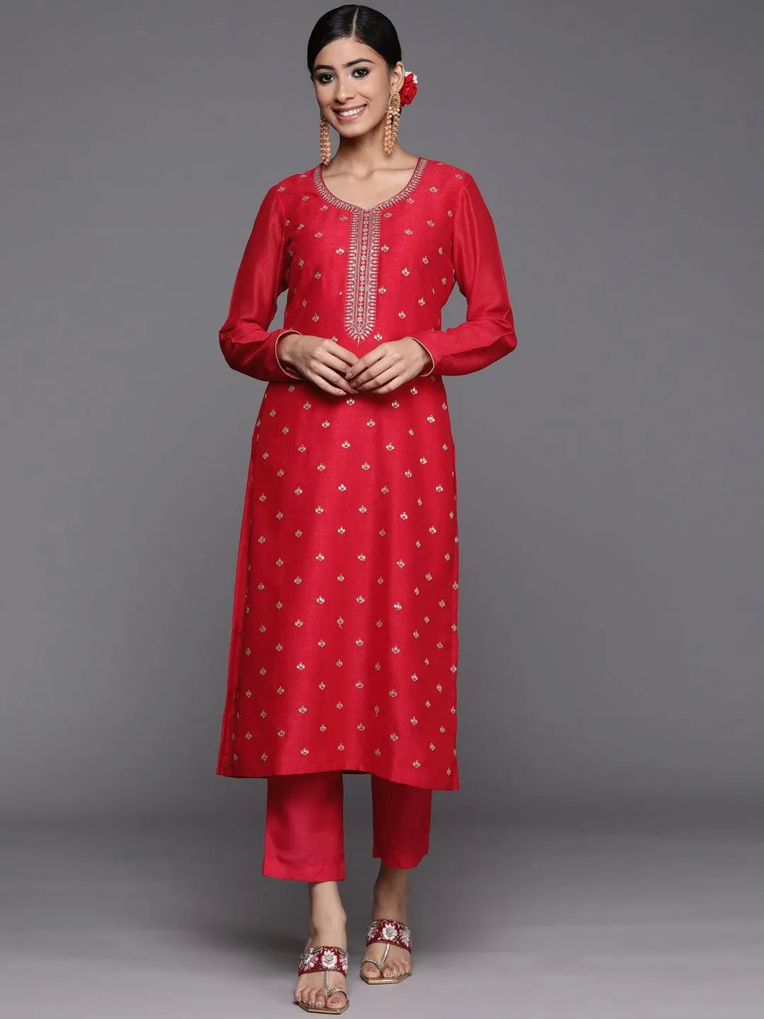 Pink Embroidered Silk Straight Kurta - Libas