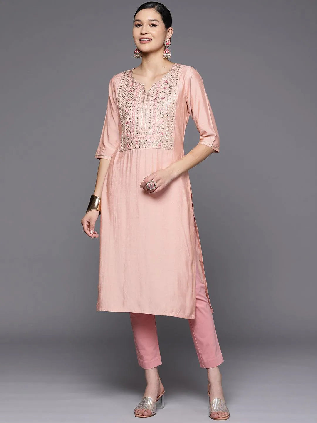 Pink Embroidered Silk Straight Kurta - Libas