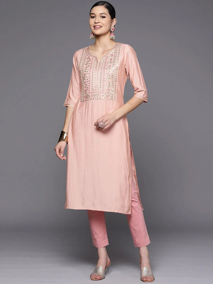 Pink Embroidered Silk Straight Kurta - Libas