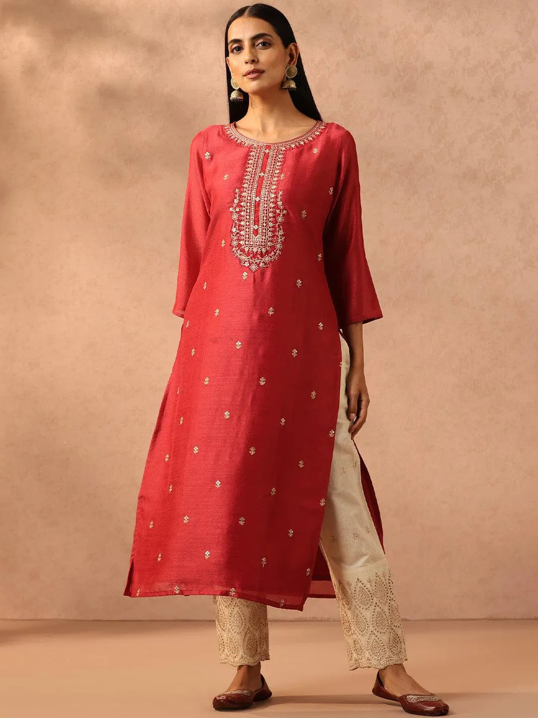 Pink Embroidered Silk Straight Kurta - Libas 