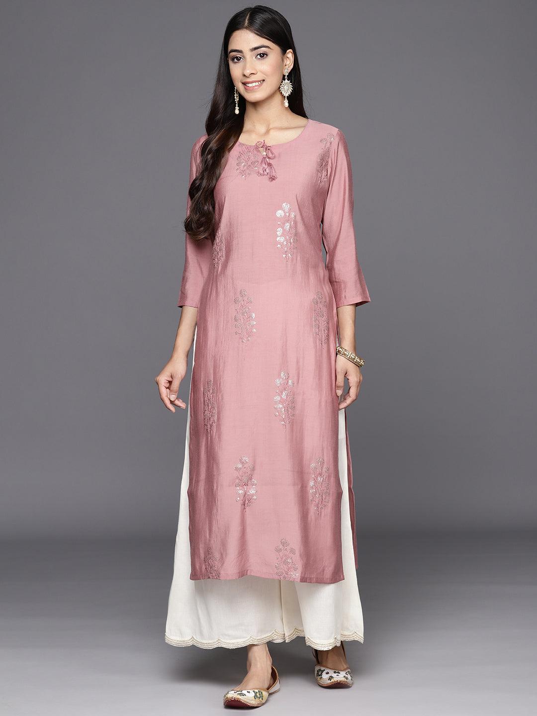 Pink Embroidered Silk Straight Kurta - Libas