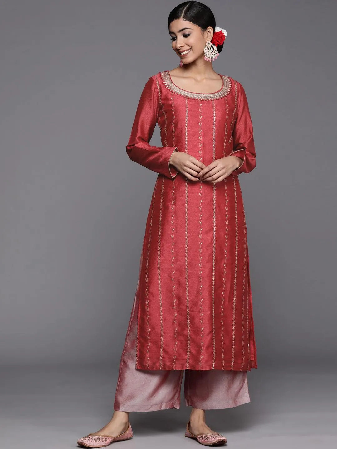 Pink Embroidered Silk Straight Kurta - Libas 