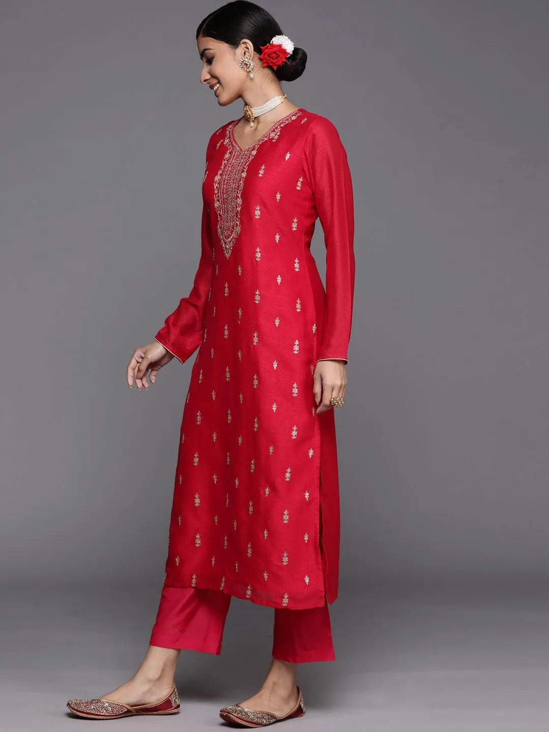 Pink Embroidered Silk Straight Kurta - Libas