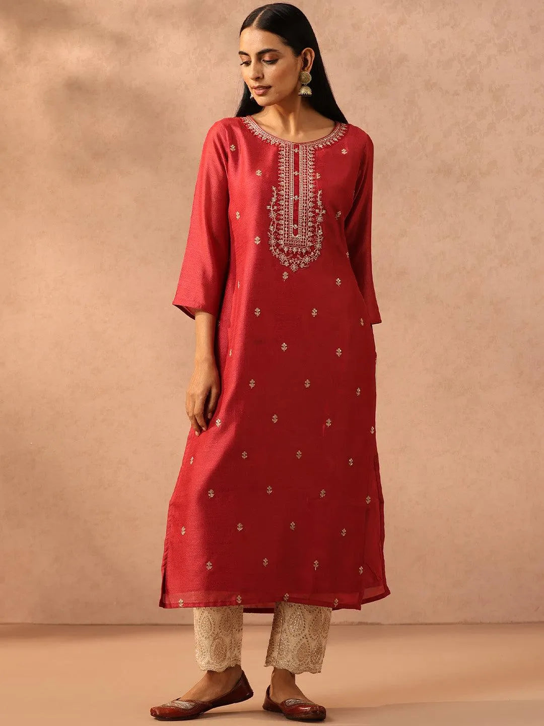 Pink Embroidered Silk Straight Kurta - Libas 