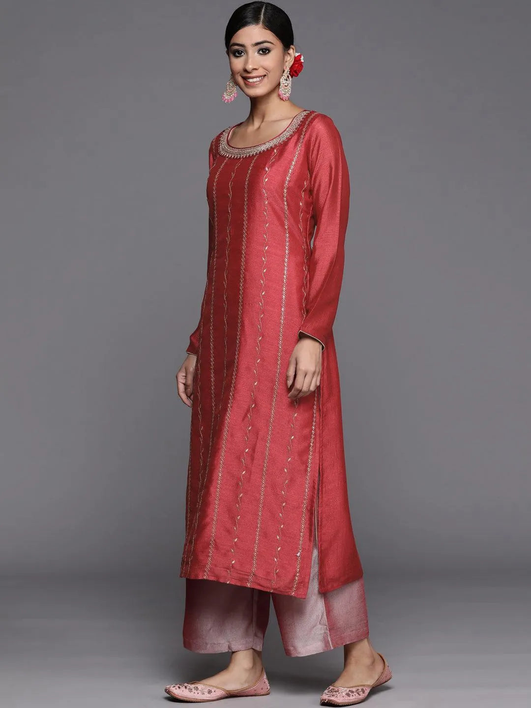 Pink Embroidered Silk Straight Kurta - Libas 