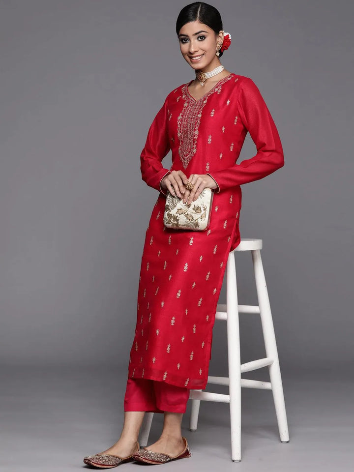 Pink Embroidered Silk Straight Kurta - Libas