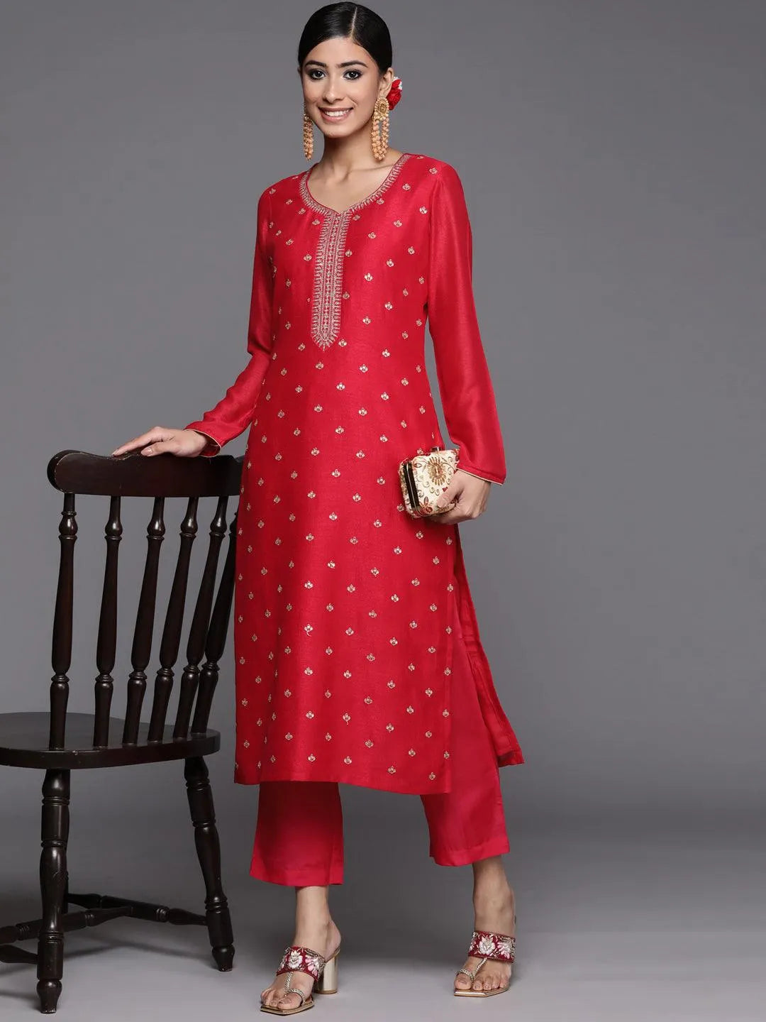 Pink Embroidered Silk Straight Kurta - Libas