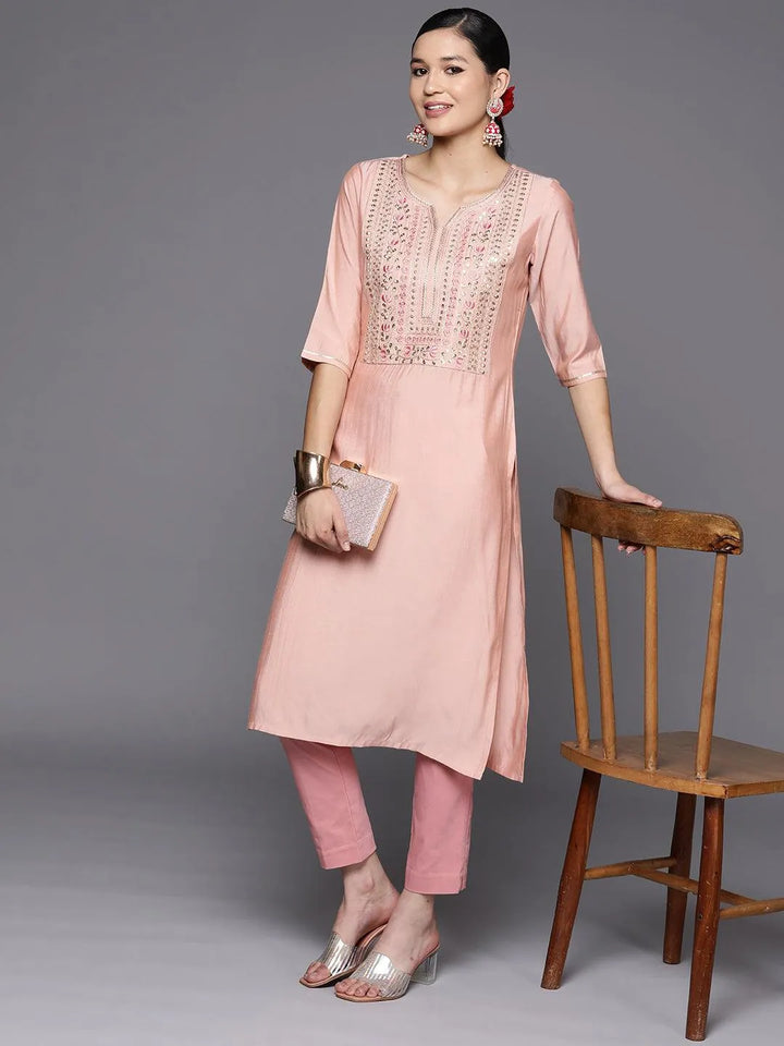 Pink Embroidered Silk Straight Kurta - Libas