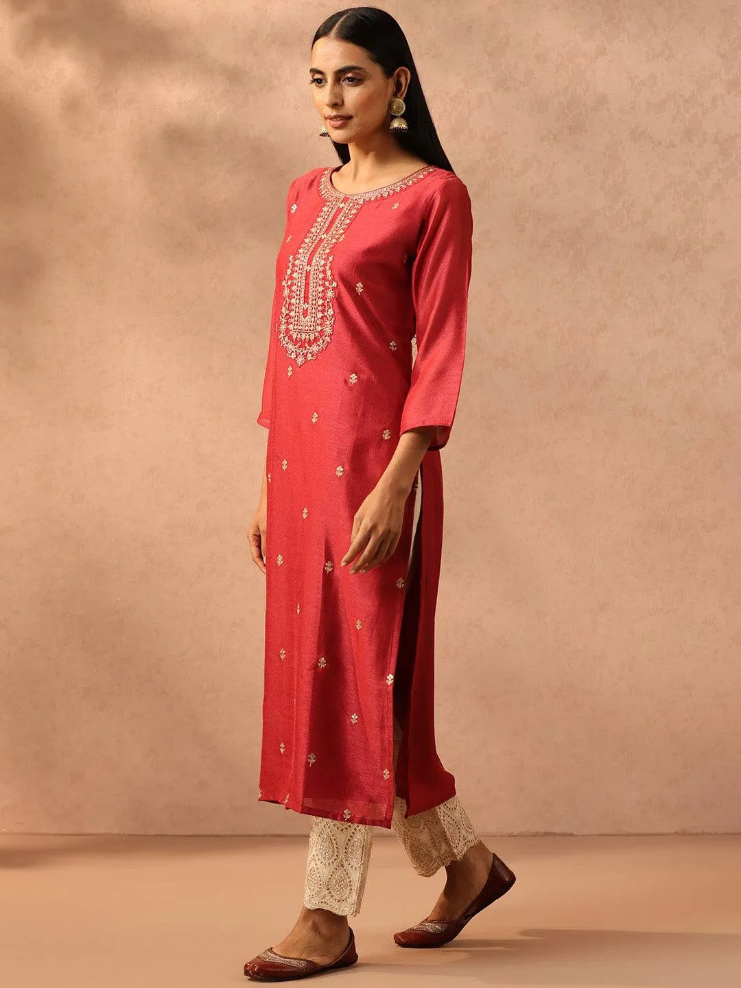 Pink Embroidered Silk Straight Kurta - Libas