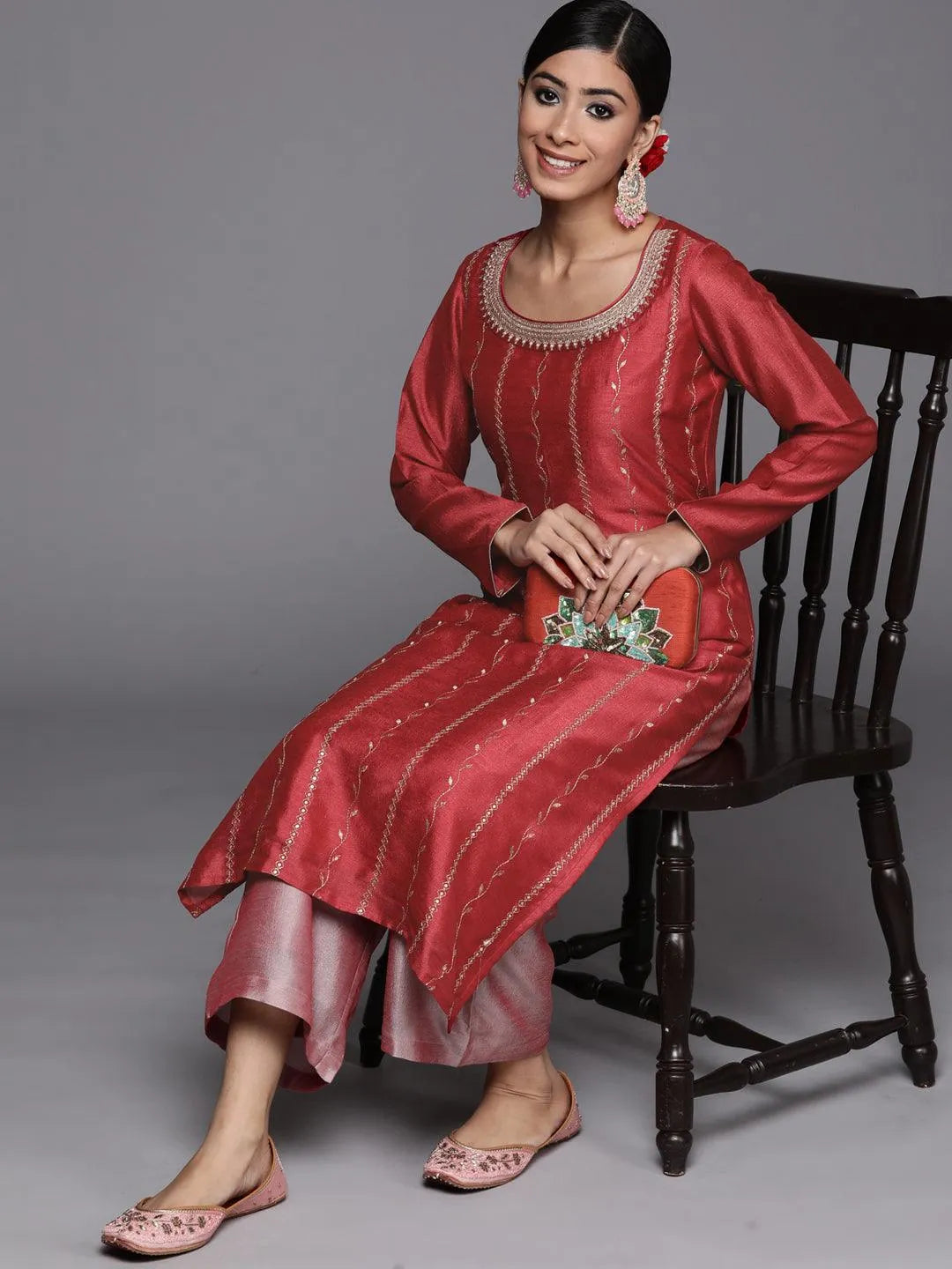 Pink Embroidered Silk Straight Kurta - Libas 