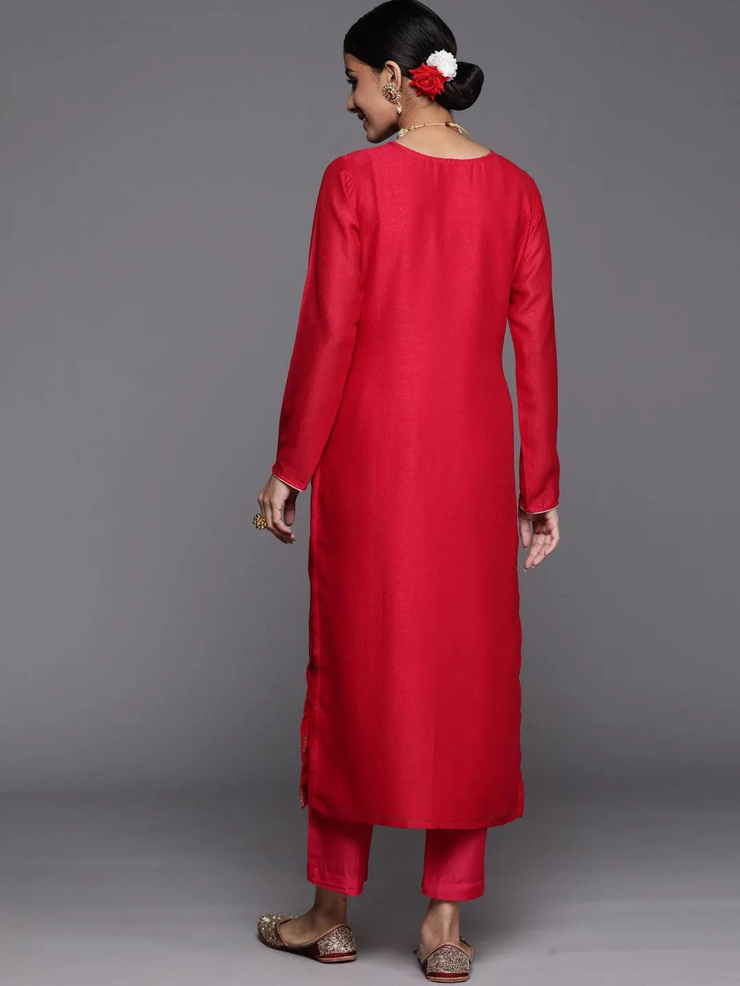 Pink Embroidered Silk Straight Kurta - Libas