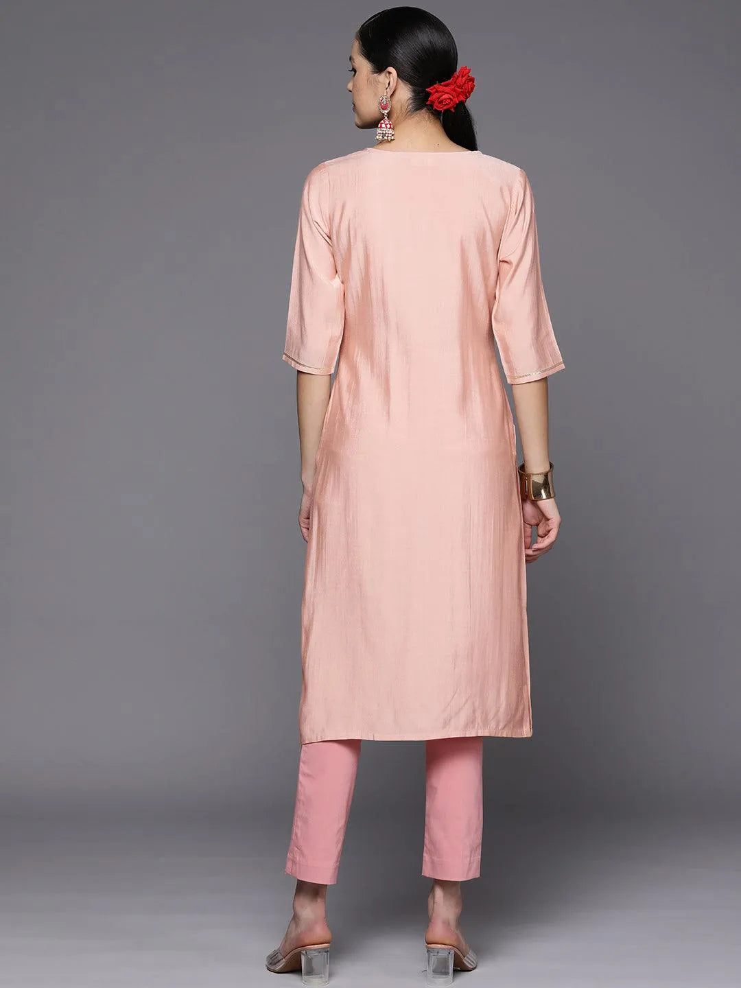 Pink Embroidered Silk Straight Kurta - Libas