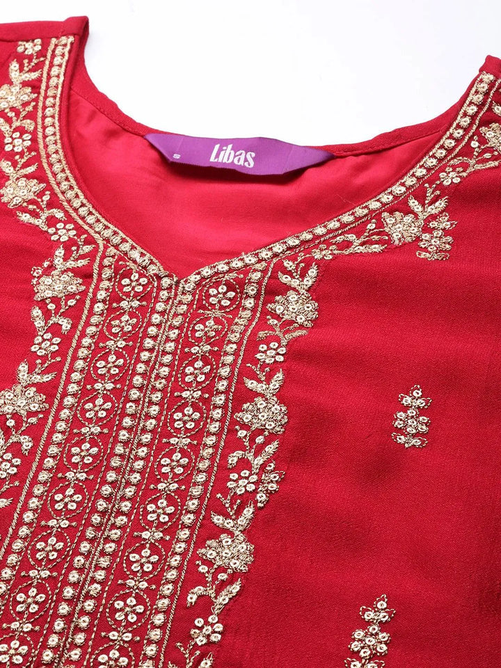 Pink Embroidered Silk Straight Kurta - Libas