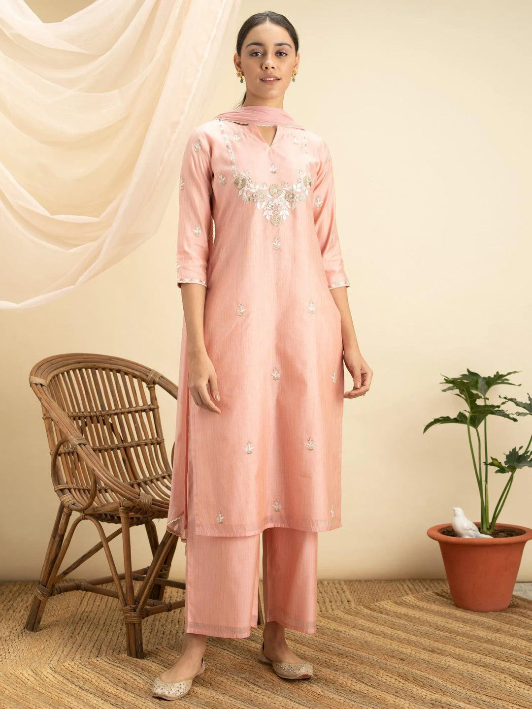 Pink Embroidered Silk Suit Set - Libas 