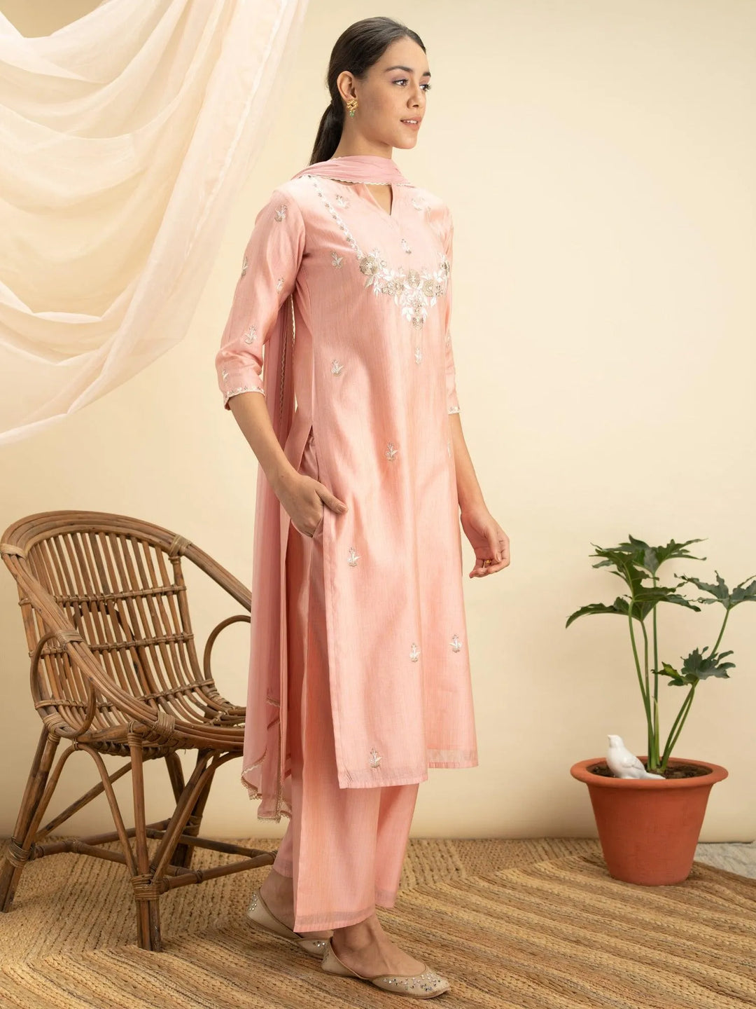 Pink Embroidered Silk Suit Set - Libas 