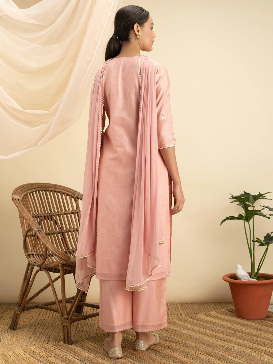 Pink Embroidered Silk Suit Set - Libas 