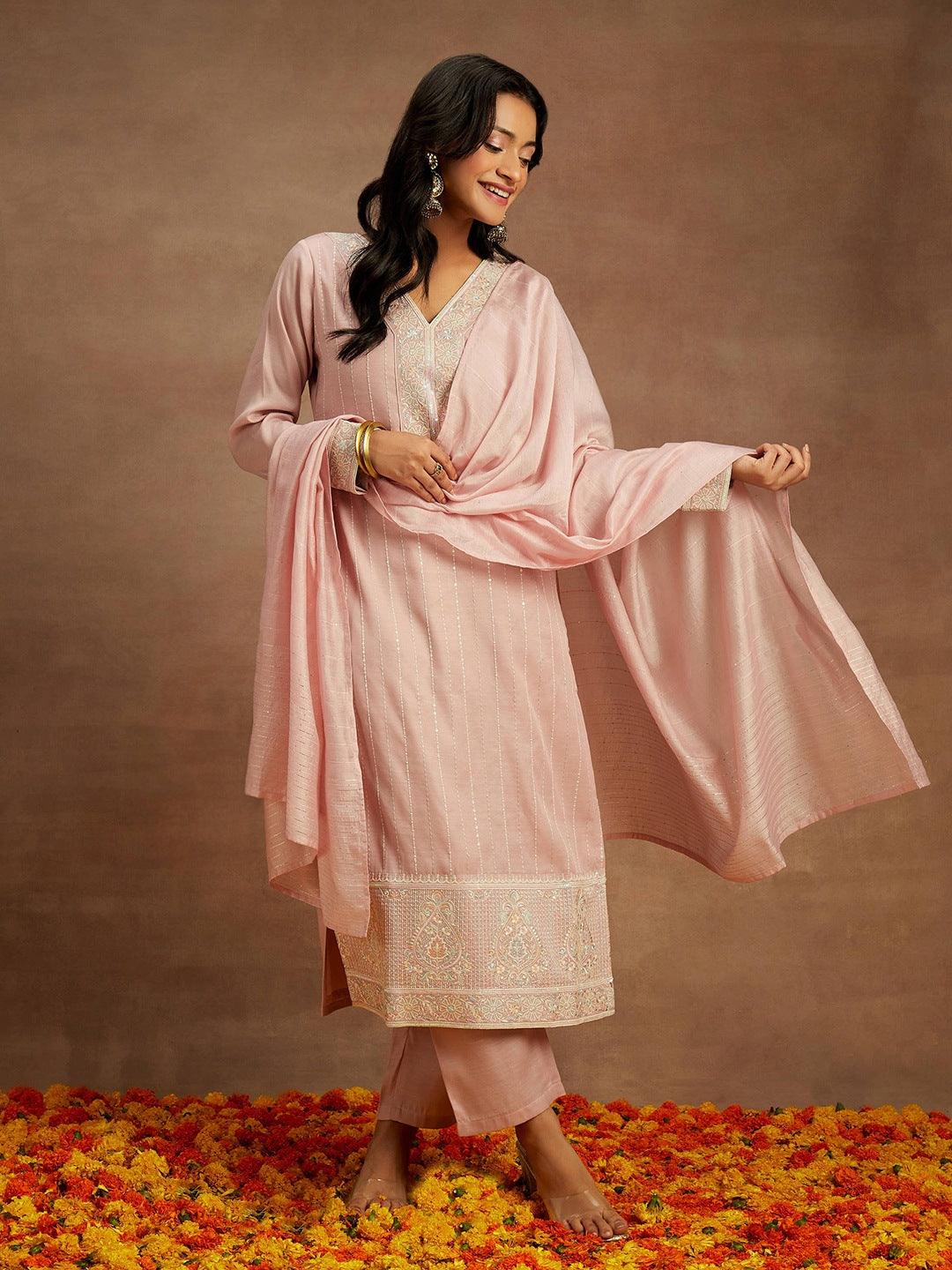 Pink Embroidered Silk Straight Kurta With Trousers & Dupatta - Libas 