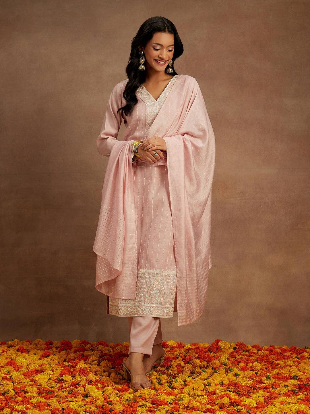 Pink Embroidered Silk Straight Kurta With Trousers & Dupatta - Libas