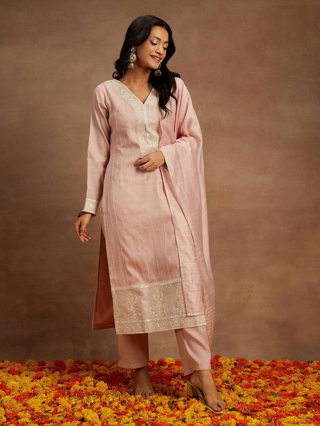 Pink Embroidered Silk Straight Kurta With Trousers & Dupatta - Libas 