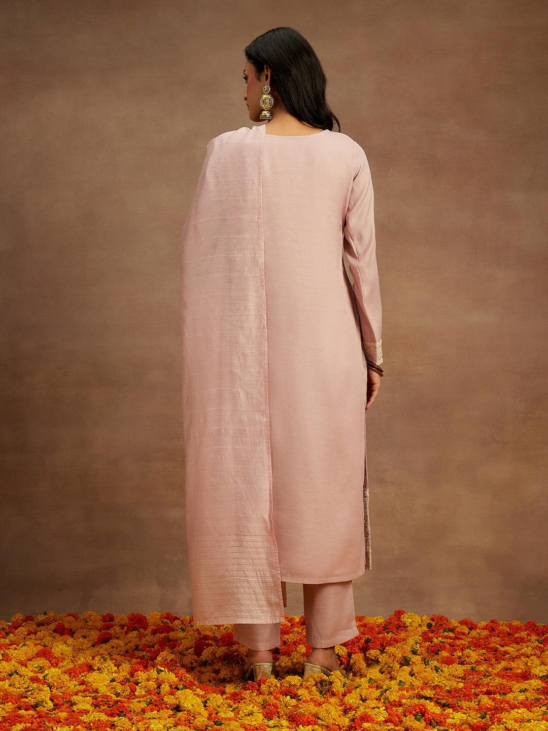 Pink Embroidered Silk Straight Kurta With Trousers & Dupatta - Libas 