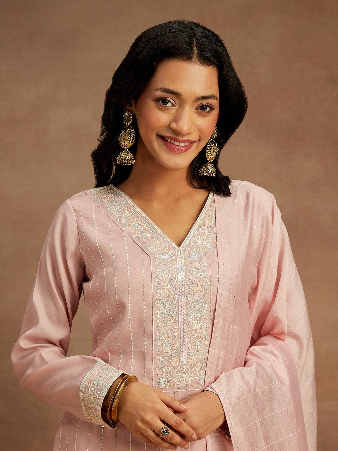 Pink Embroidered Silk Straight Kurta With Trousers & Dupatta - Libas