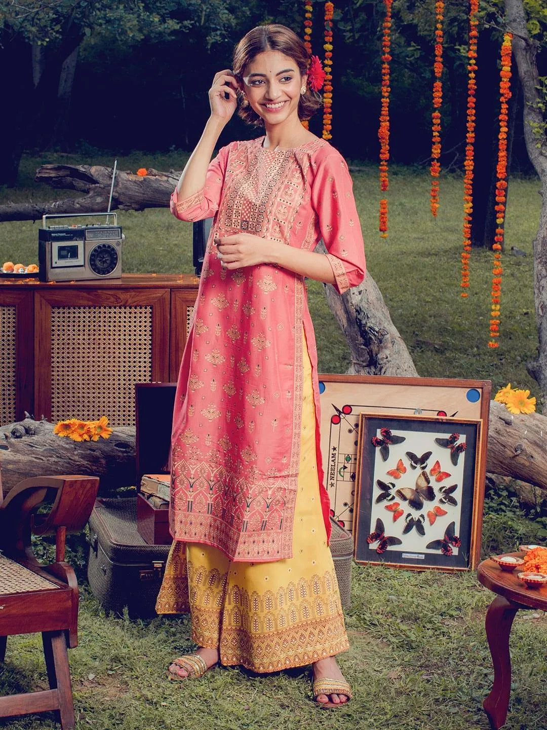 Pink Printed Chanderi Silk Kurta - Libas