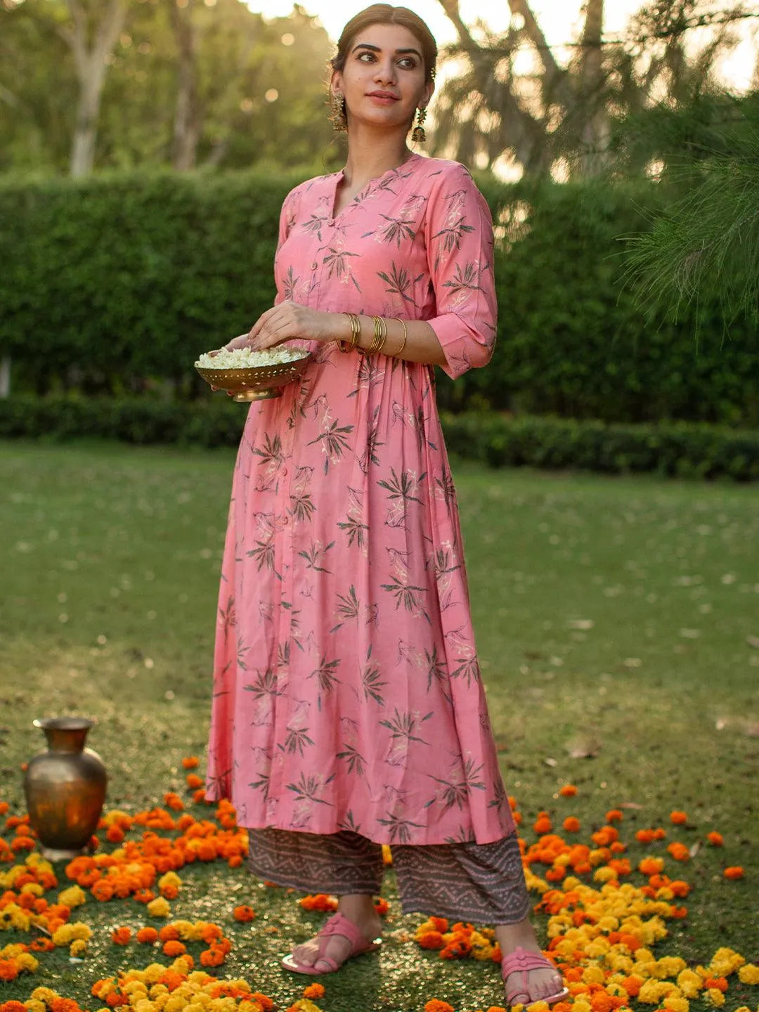 Pink Printed Chanderi Silk Kurta - Libas