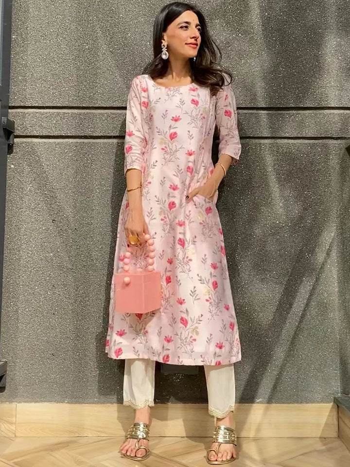 Pink Printed Chanderi Silk Kurta - Libas