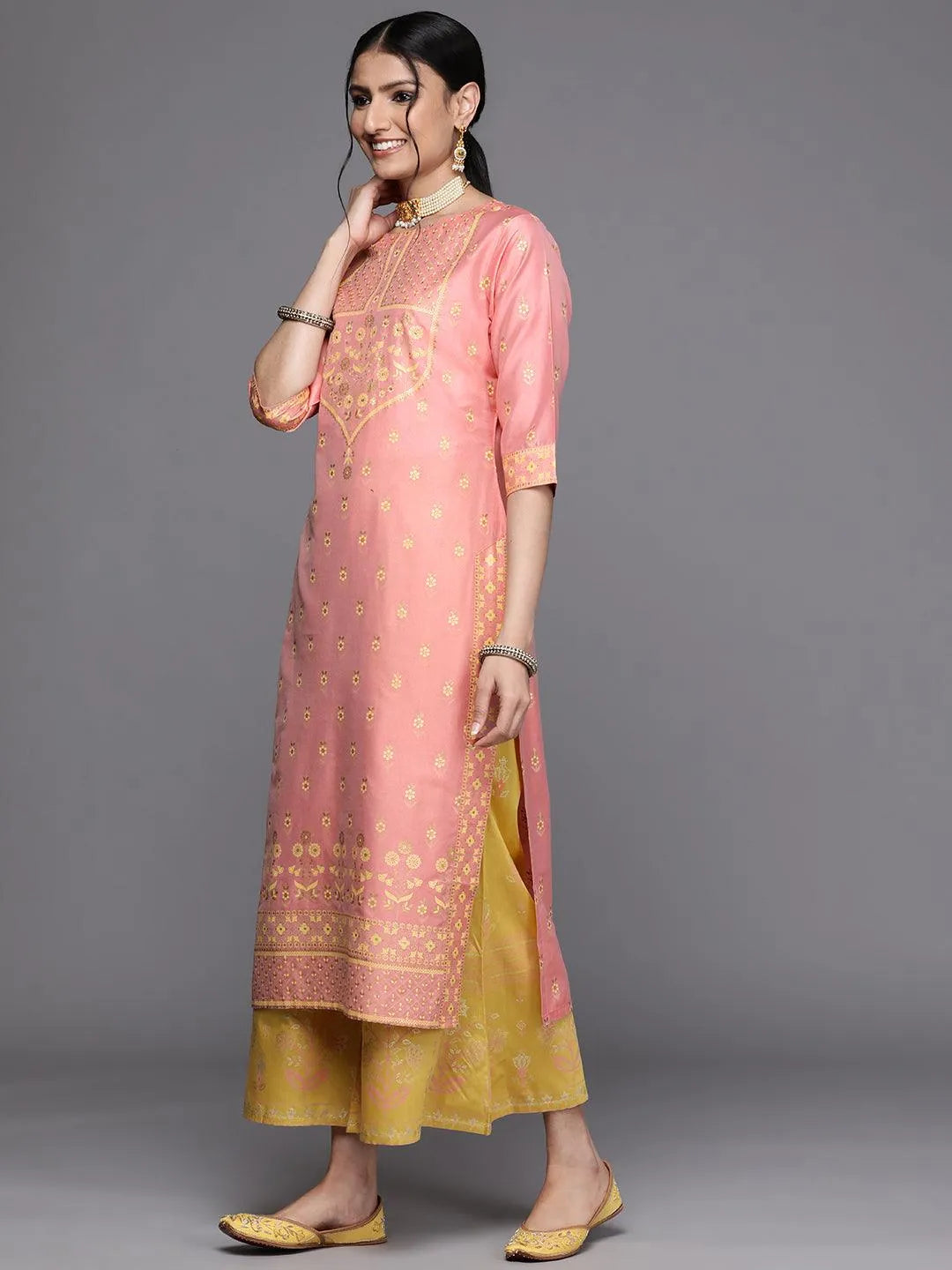 Pink Printed Chanderi Silk Kurta - Libas